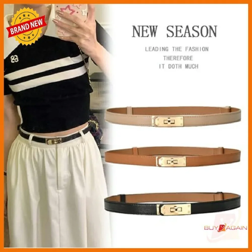 Adjustable Thin Belt with Alloy Turn Lock for Dresses and Jeans